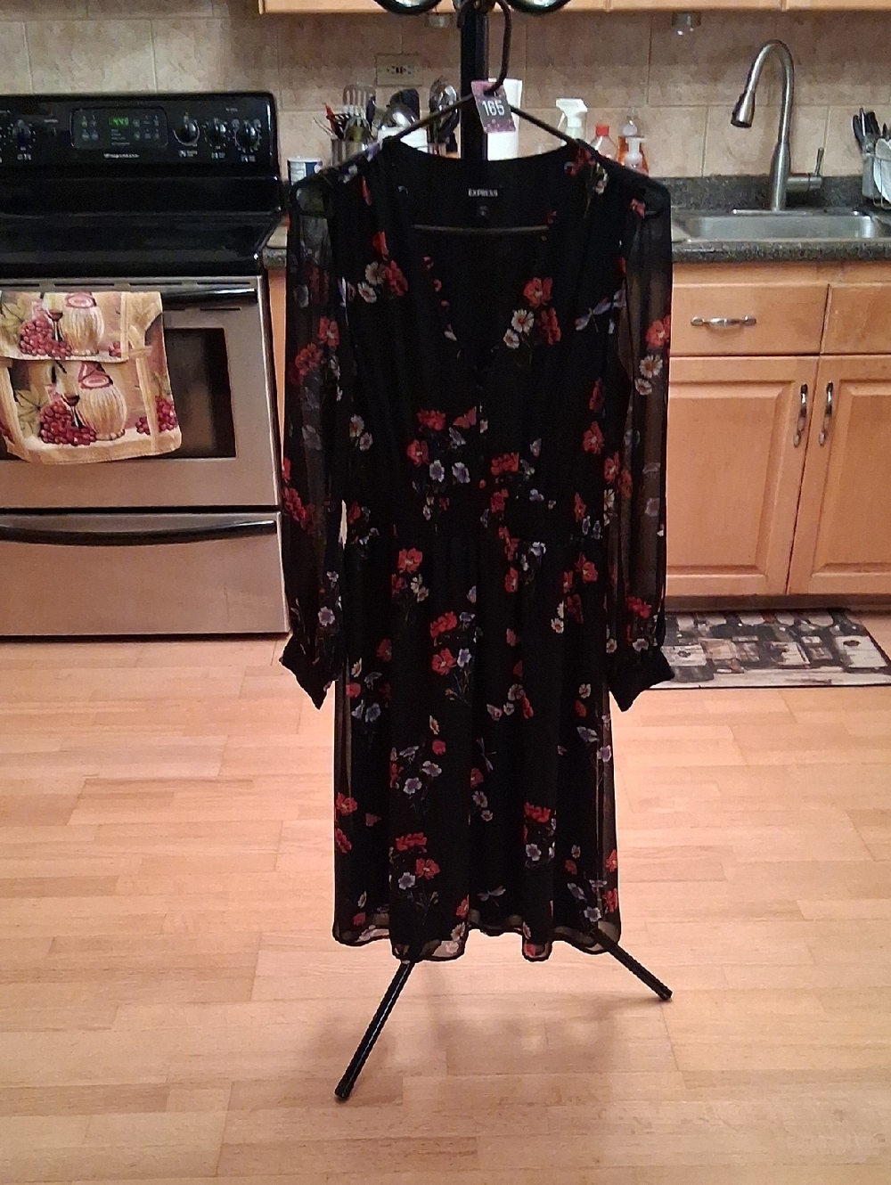 Express Black Floral Long Sleeve V-Neck Dress with Red and Purple Flowers